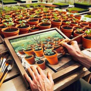 A picture is painted of young seedlings in terracotta pots, carefully arranged in a box. Fresh greenery under warm light - ideal for garden lovers and nature enthusiasts.
