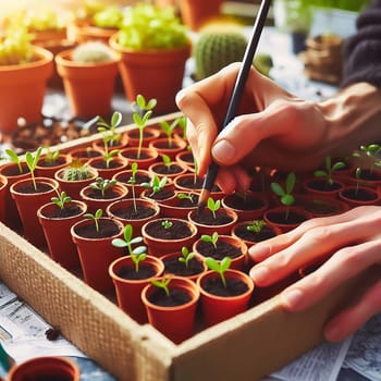 Young seedlings in terracotta pots, carefully arranged in a box. Fresh greenery under warm light - ideal for garden lovers and nature enthusiasts.