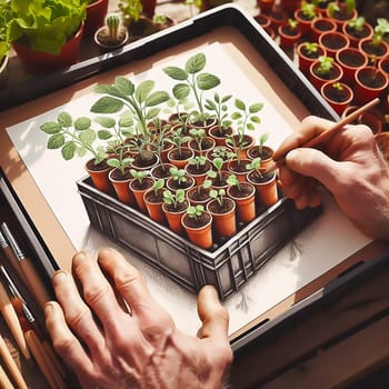 A picture is painted of young seedlings in terracotta pots, carefully arranged in a box. Fresh greenery under warm light - ideal for garden lovers and nature enthusiasts.