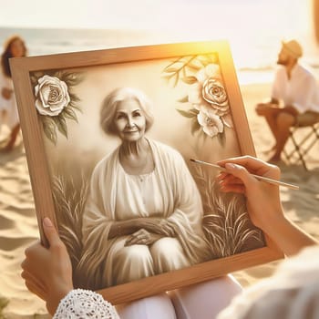 Elderly woman paints a portrait in the sunlight. Art, nostalgia and the joy of life, united in a harmonious and warm scene.