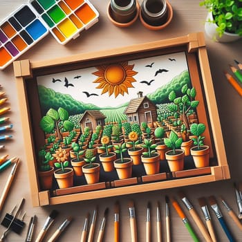 A picture is painted of young seedlings in terracotta pots, carefully arranged in a box. Fresh greenery under warm light - ideal for garden lovers and nature enthusiasts.