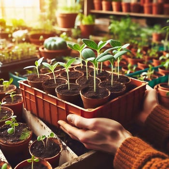 Young seedlings in terracotta pots, carefully arranged in a box. Fresh greenery under warm light - ideal for garden lovers and nature enthusiasts.