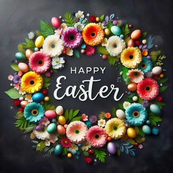 A festive “Happy Easter” lettering surrounded by an ornate floral wreath and decorated Easter eggs on a dark background - perfect for Easter greetings!