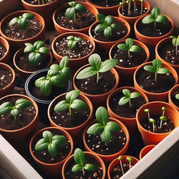 Young seedlings in terracotta pots, carefully arranged in a box. Fresh greenery under warm light - ideal for garden lovers and nature enthusiasts.