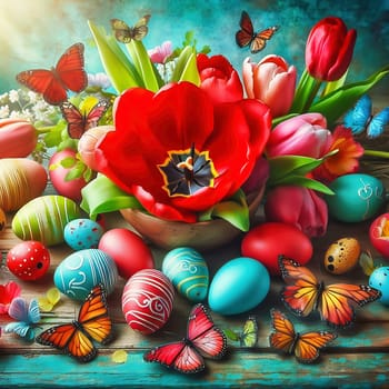 Colorful tulips, decorated Easter eggs and butterflies on a rustic wooden table. Spring-like Easter decorations with vibrant colors and a festive atmosphere.