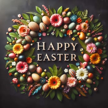 A festive “Happy Easter” lettering surrounded by an ornate floral wreath and decorated Easter eggs on a dark background - perfect for Easter greetings!