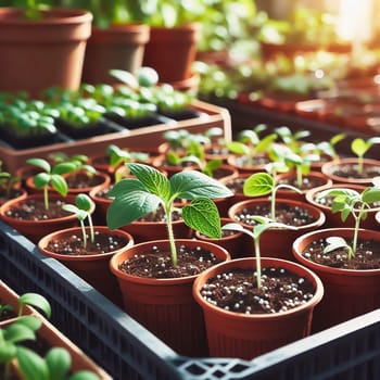 Young seedlings in terracotta pots, carefully arranged in a box. Fresh greenery under warm light - ideal for garden lovers and nature enthusiasts.