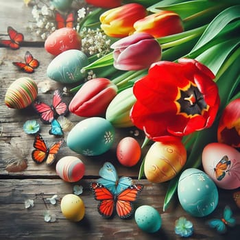 Colorful tulips, decorated Easter eggs and butterflies on a rustic wooden table. Spring-like Easter decorations with vibrant colors and a festive atmosphere.