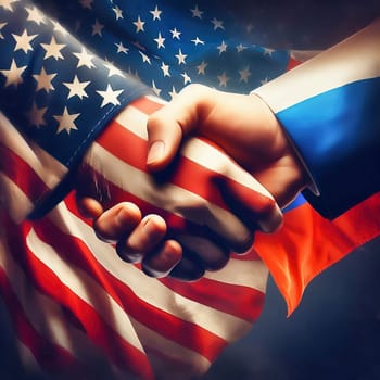 Symbolic handshake between the USA and Russia, with flags on their hands. An expression of diplomacy, cooperation or geopolitical tension.Symbolic handshake between the USA and Russia, with flags on their hands. An expression of diplomacy, cooperation or geopolitical tension.