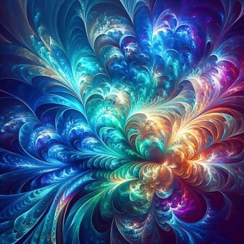 Abstract, colorful fractal art with flowing, wave-like patterns. Bright glass textures in blue, green and orange for modern designs and backgrounds.