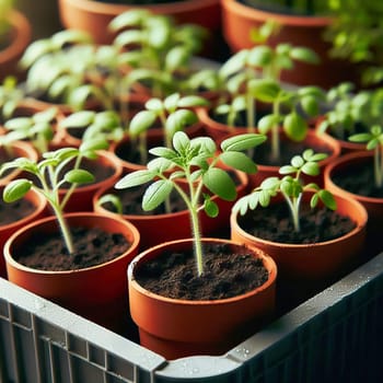 Young seedlings in terracotta pots, carefully arranged in a box. Fresh greenery under warm light - ideal for garden lovers and nature enthusiasts.