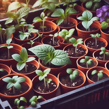 Young seedlings in terracotta pots, carefully arranged in a box. Fresh greenery under warm light - ideal for garden lovers and nature enthusiasts.