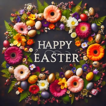 A festive “Happy Easter” lettering surrounded by an ornate floral wreath and decorated Easter eggs on a dark background - perfect for Easter greetings!