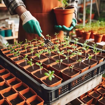 Young seedlings in terracotta pots, carefully arranged in a box. Fresh greenery under warm light - ideal for garden lovers and nature enthusiasts.