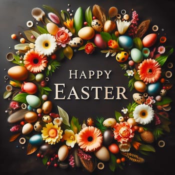 A festive “Happy Easter” lettering surrounded by an ornate floral wreath and decorated Easter eggs on a dark background - perfect for Easter greetings!