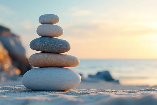 Photo of balanced stones stacked on a sea beach at sunset, a meditation concept.