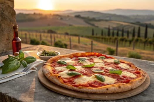 Classic margherita pizza displaying fresh mozzarella and basil. A stunning sunset filters over rolling vineyards, creating an idyllic dining experience in Italy.