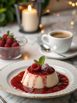 Delightful panna cotta served with a glossy raspberry coulis, complemented by fresh raspberries and a small cup of coffee. A perfect treat for any occasion.