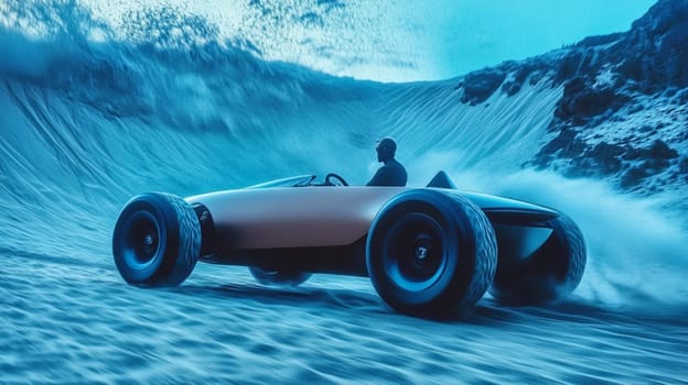 Futuristic car climbs a grassy hill at sunset, driven by a man exuding freedom and adventure. The scene captures modern design, luxury, and speed, perfect for conveying ambition and achievement