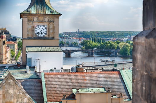 Prague cityscape showing rooftops of historical buildings in the old town of the Czech capital city
