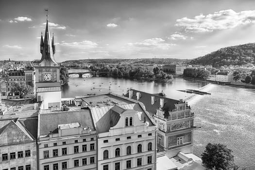 Prague cityscape showing rooftops of historical buildings in the old town of the Czech capital city