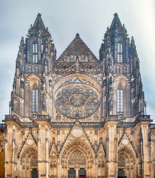 St. Vitus Cathedral in Prague, Czech Republic, is exhibiting its beautiful and ornate gothic architecture