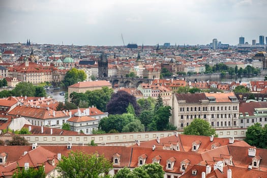 Prague cityscape showing rooftops of historical buildings in the old town of the Czech capital city