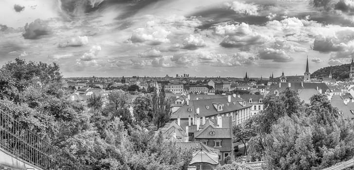Prague cityscape showing rooftops of historical buildings in the old town of the Czech capital city