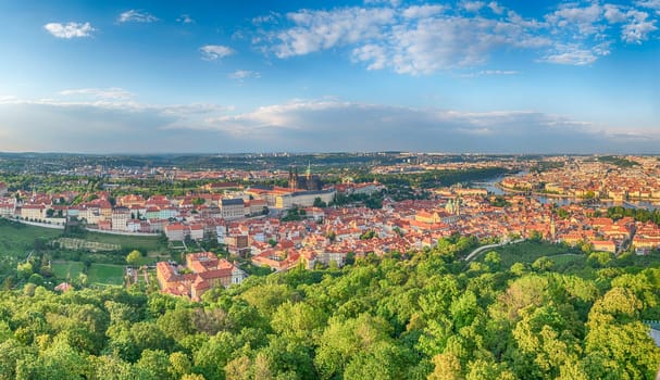 Panoramic view of the city center of Prague, Czech Republic, with the Vltava River flowing through it, as seen from Petrin hill