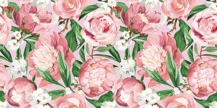 Botanical seamless pattern with peonies and sakura branches drawn in gouache for textile and design