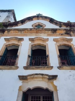 Paraty, Rio de Janeiro, Brazil, February 6, 2025, side view of the front colonial portal of the Catholic Church of Santa Rita.