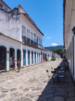 Paraty, Rio de Janeiro, Brazil, February 6, 2025, view of the facade of an old colonial house in the central square, historic city.