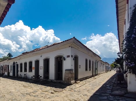 Paraty, Rio de Janeiro, Brazil, February 6, 2025, view of the facade of an old colonial house in the central square, historic city.