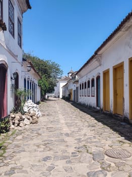 Paraty, Rio de Janeiro, Brazil, February 6, 2025, view of the facade of an old colonial house in the central square, historic city.