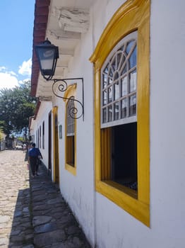 Paraty, Rio de Janeiro, Brazil, February 6, 2025, view of the facade of an old colonial house in the central square, historic city.