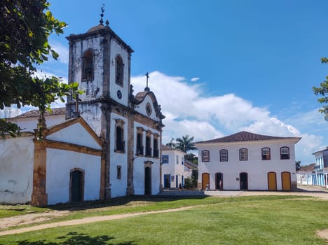 Paraty, Rio de Janeiro, Brazil, February 6, 2025, facade view of the Church of Santa Rita, in the historic city center, on a sunny day.
