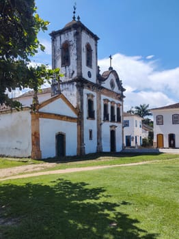 Paraty, Rio de Janeiro, Brazil, February 6, 2025, facade view of the Church of Santa Rita, in the historic city center, on a sunny day.