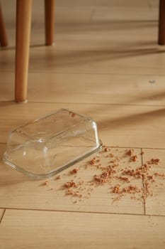 A glass container is tipped over on a wooden floor, spilling crumbs.