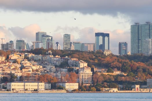 Modern buildings rise above a waterfront landscape with vibrant greenery.