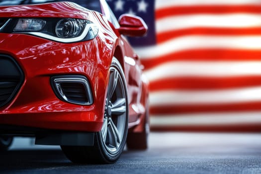 Flag of the United States of America and a modern car. car tariffs tax concept.