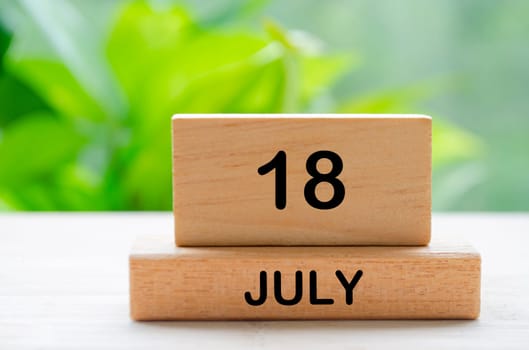 July 18th calendar text on wooden blocks with customizable space for text. Calendar concept