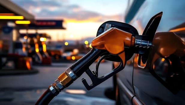 Close-up of a fuel nozzle pumping gas into a red car, highlighting refueling and energy usage for vehicles..