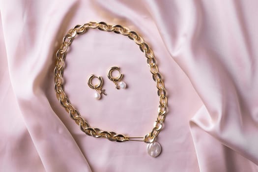 Female Jewelry. Vintage bijouterie jewelry handmade. Flat lay, top view copy space and empty space for text.
