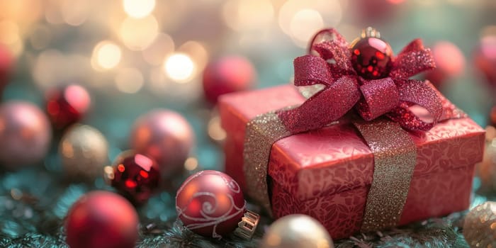 A beautifully wrapped gift box sits on a shimmering surface surrounded by colorful ornaments, enhancing the festive spirit of the New Year celebration with warmth and elegance.