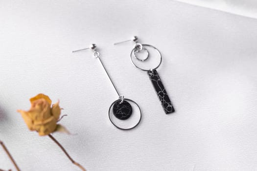 Female Jewelry. Vintage bijouterie jewelry handmade. Flat lay, top view copy space and empty space for text.