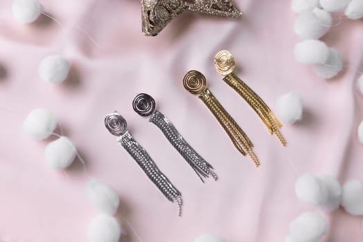 Female Jewelry. Vintage bijouterie jewelry handmade. Flat lay, top view copy space and empty space for text.