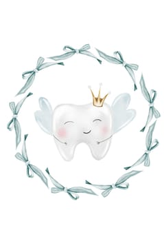 Baby tooth watercolor. Cute cartoon molar with crown in a round frame of blue bows on isolated white background. Dental clip art. Ideal for cards and invitations to the party baby's first tooth, posters in the doctor's office. High quality illustration