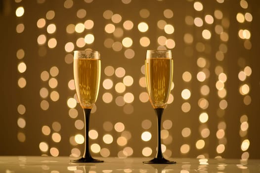 Two elegant glasses filled with sparkling beverages stand against a backdrop of twinkling golden lights. The atmosphere radiates joy and festivity, perfect for commemorating special moments.