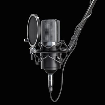 Professional condenser microphone with pop filter black background 3d
