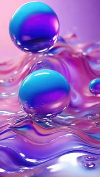 Two shiny blue and purple spheres float on a mesmerizing reflective surface. The surface displays shades of blue and purple, with a captivating wave-like pattern that enhances its visual appeal.